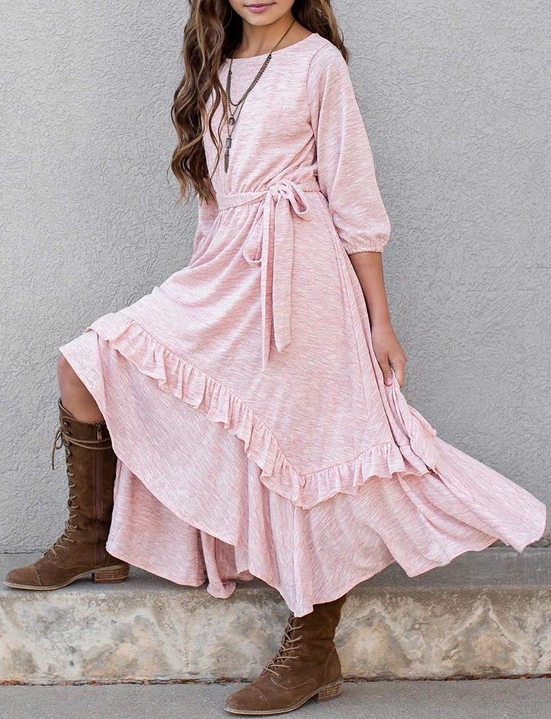 MITILLY Girls Loose Plain 3/4 Sleeve Casual Pocket Ruffle Swing Long Maxi Dress with Belt 12 Years Pink - Image 3